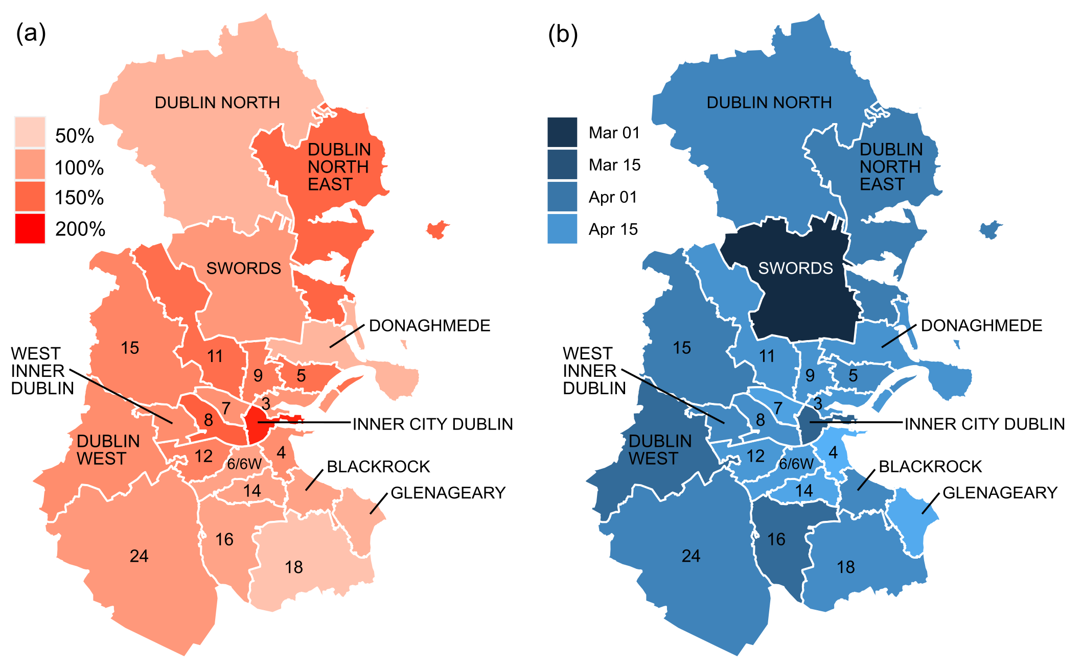 (a) The ratio of notices posted to RIP.ie in each Dublin district (b) The date of the maximum number of death notices posted to RIP.ie in each Dublin district.  